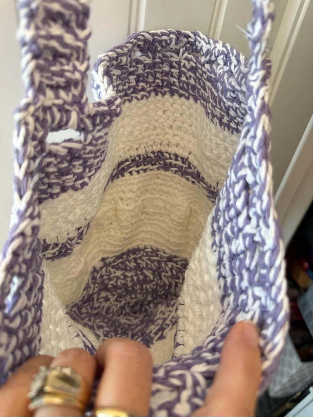 Hand Crafted White and Lavender Crocheted Shoulder Bag